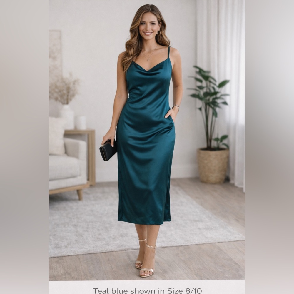 Sleek Satin Midi Dress in Deep Teal